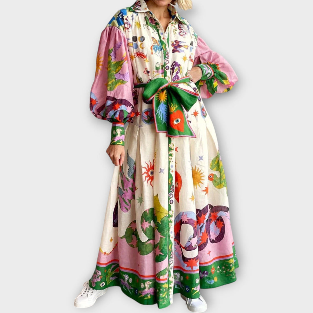 Maxi Φόρεμα Με Ζώνη & Φουσκωτά Μανίκια