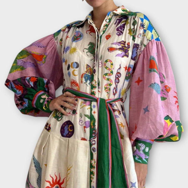 Maxi Φόρεμα Με Ζώνη & Φουσκωτά Μανίκια