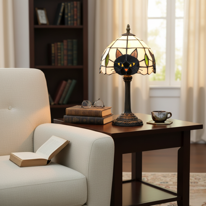 Retro barokowa lampa stołowa z czarnym kotem