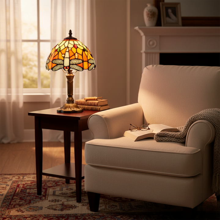 Dekoracyjna lampa stołowa LED ze szkła witrażowego