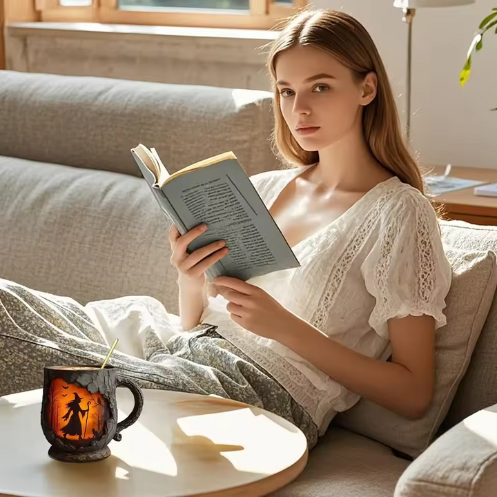 Ręcznie wykonany kubek halloween 3D — z motywem wiedźmy i kota