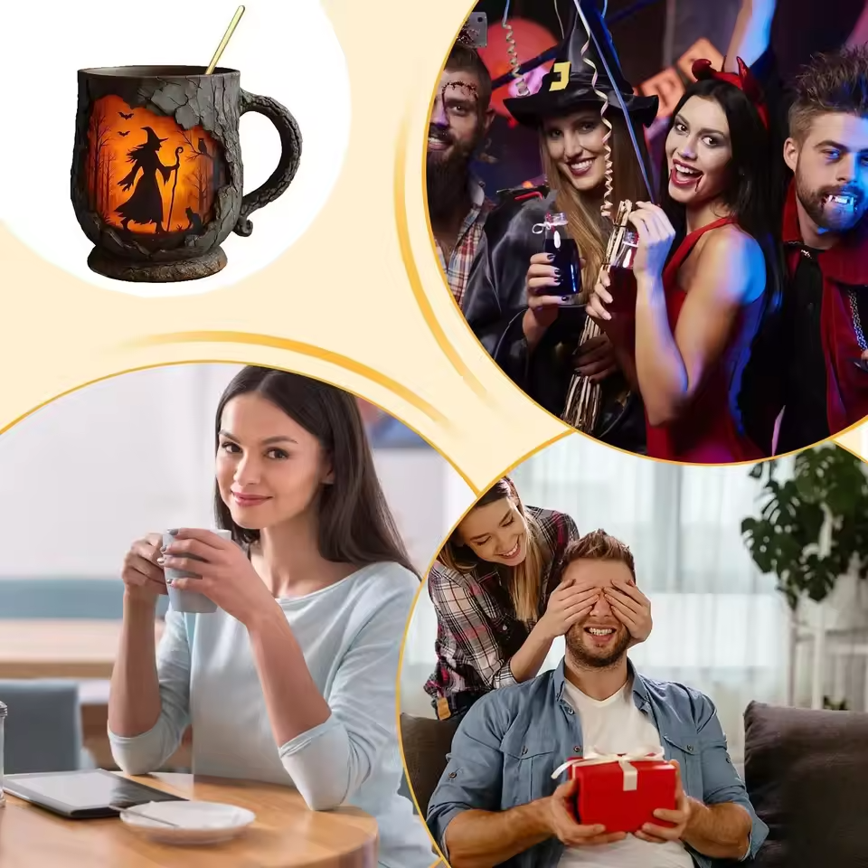 Ręcznie wykonany kubek halloween 3D — z motywem wiedźmy i kota