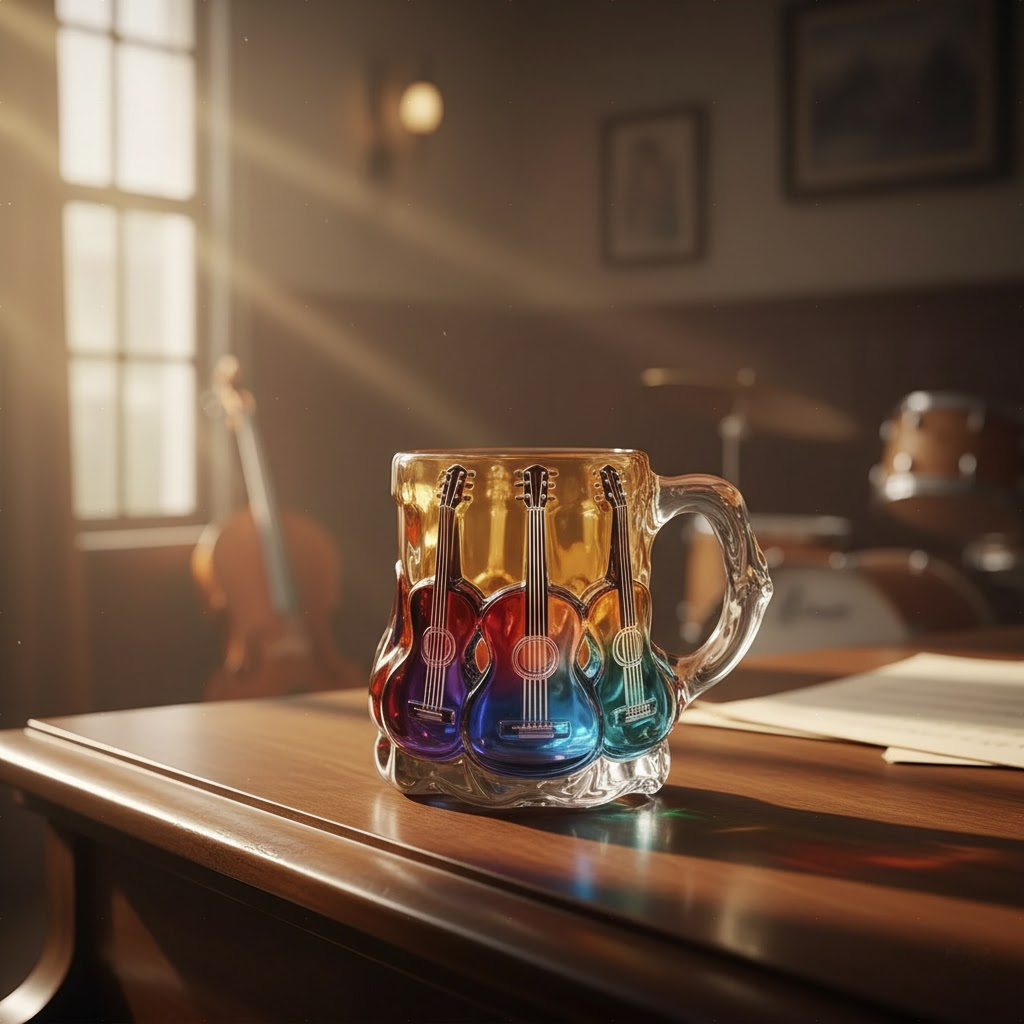 Ręcznie wykonany kubek z grafiką 3D gitary