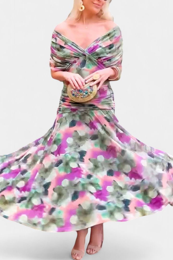 Μακρύ Λουλουδάτο Φόρεμα με V Ντεκολτέ και Ρομαντική Φινέτσα