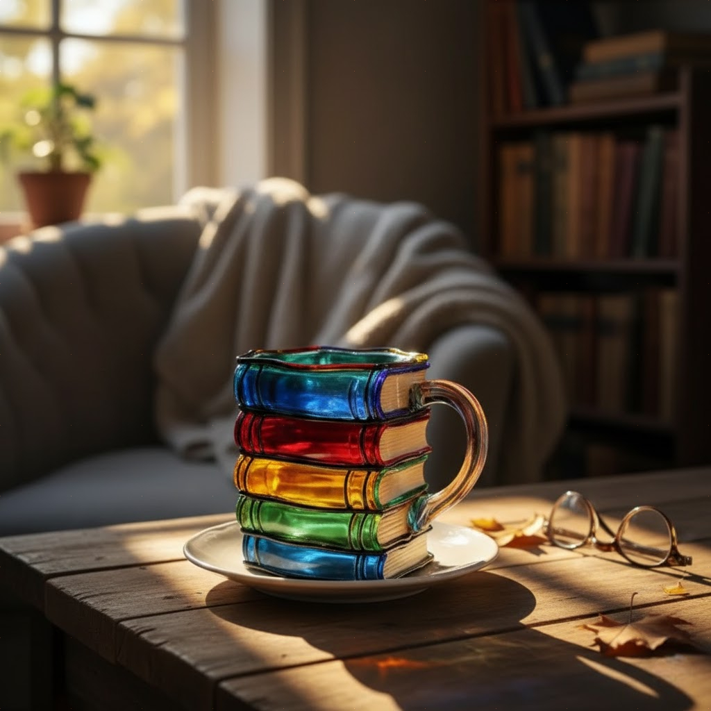 Ręcznie wykonany kolorowy kubek o tematyce książkowej