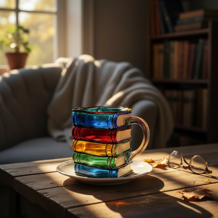 Ręcznie wykonany kolorowy kubek o tematyce książkowej